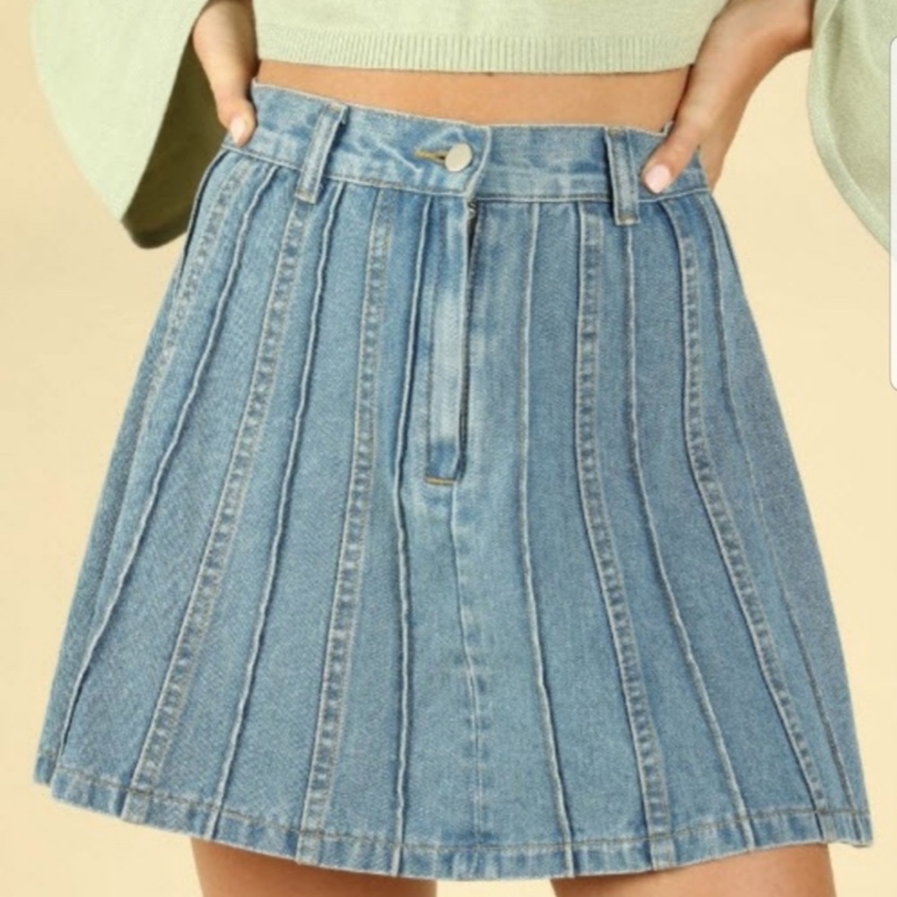 High Waist Paneled Flare Med Blue Wash Denim Skirt - Picture 3 of 5